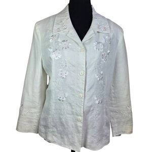 Anne Carson Cream Floral Embroidered Linen Jacket With Sequins Size 10